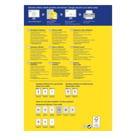 Denna bild är en reklamflyer för Averys glansiga etiketter, med olika etiketter för laser- och bläckstråleskrivare. Den innehåller produktmått, utskriftstips och kundtjänstkontaktinformation på flera språk.