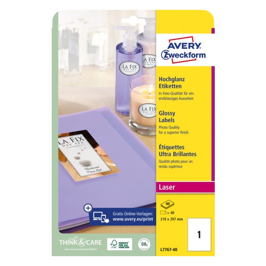 Förpackningsbild: Avery Zweckform Högblanka Etiketter, Artikel: L7767-40, Format: 210 x 297 mm, Skrivarutskrifter: Laser s/v, färglaserskrivare, Innehåll: 40 etiketter / 40 ark, 1 etikett/ark.