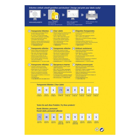 Bilden visar en reklamaffisch för klara etiketter från Avery, med instruktioner, storlekar och tips för att designa och skriva ut etiketter på olika språk, inklusive tyska, engelska, franska och andra.