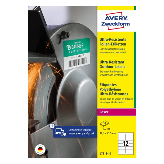 Förpackningsbild: Avery Zweckform Ultra Resistente Outdoor-Etiketter, Artikel: L7913-10, Format: 99,1 x 42,3 mm, Skrivaranpassning: Laser svartvit, färglaser, Innehåll: 120 etiketter / 10 ark, 12 etiketter/ark