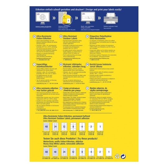 Bilden visar ett produktinformationsblad för ultra-resistenta etiketter, som beskriver deras egenskaper, användningsområden och trycktips på flera språk.