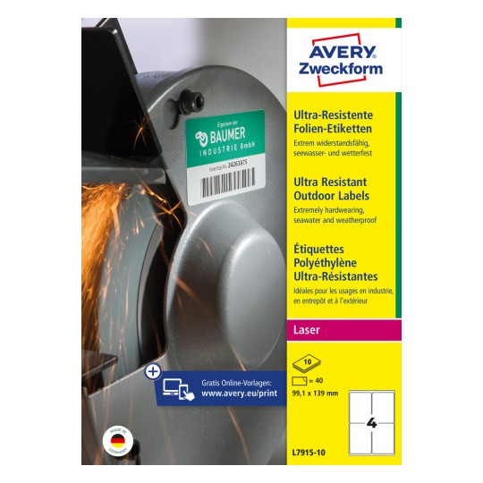 Förpackningsbild: Avery Zweckform Ultraresistenta Utomhusetiketter, Artikel: L7915-10, Format: 99,1 x 139 mm, Utskriftslämpning: Laser sv/v, färglaser, Innehåll: 40 etiketter / 10 ark, 4 etiketter/ark.