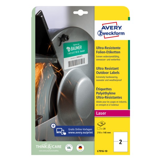 Förpackningsbild: Avery Zweckform Ultra Resistente Utomhusetiketter, Artikel: L7916-10, Format: 210 x 148 mm, Skrivarkompatibilitet: Laser svart/vitt, färglaser, Innehåll: 20 etiketter / 10 ark, 2 etiketter/ark