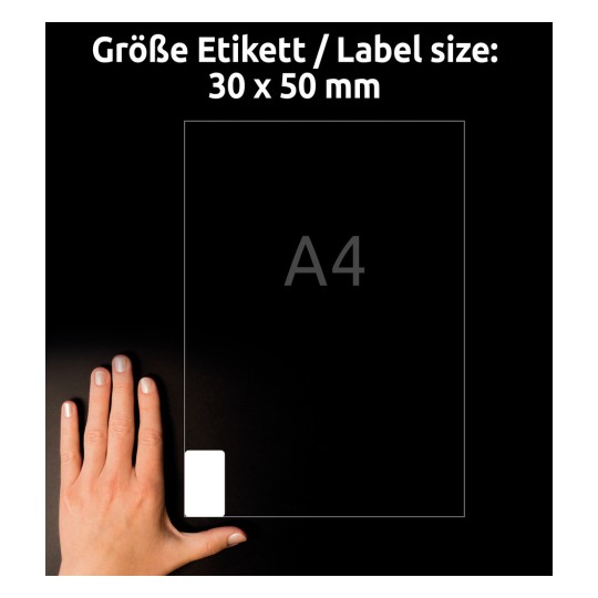 Storleksjämförelse med hand, Artikel: L7975-25, ett ark med frysetiketter, Format: 30 x 50 mm, Färg: Vit.
