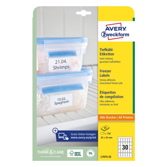 Förpackningsbild: Avery Zweckform frysetiketter, Artikel: L7975-25, Format: 30 x 50 mm, Tryckbarhet: Bläckstråle, Svartvit laser, Färglaser, Innehåll: 750 etiketter / 25 ark, 30 etiketter/ark.