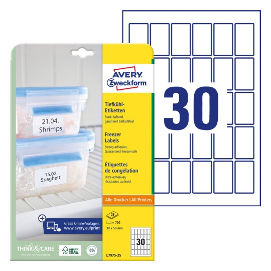 Förpackningsbild med etikettark: Avery Zweckform Frys-etiketter, Artikel: L7975-25, Format: 30 x 50 mm, Utskriftslämplighet: Bläckstråle, Svartvit laser, Färglaser, Innehåll: 750 etiketter / 25 ark, 30 etiketter/ark.