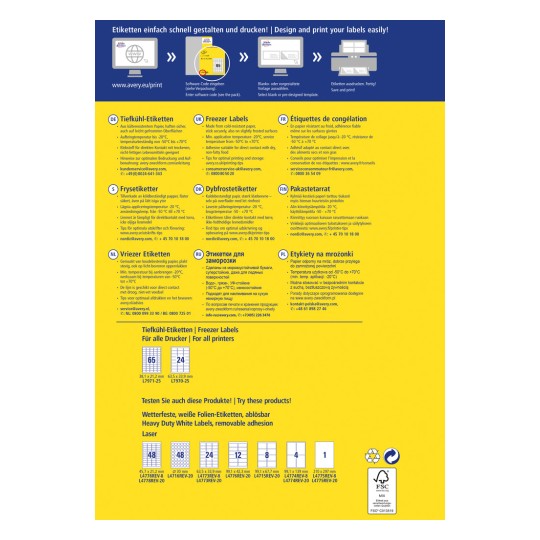 Denna bild visar en designguide för att skriva ut frysetiketter på flera språk. Den innehåller produktdetaljer, rekommenderade temperaturer och tips för optimal utskrift. Olika etikettstorlekar och produktkoder listas också.