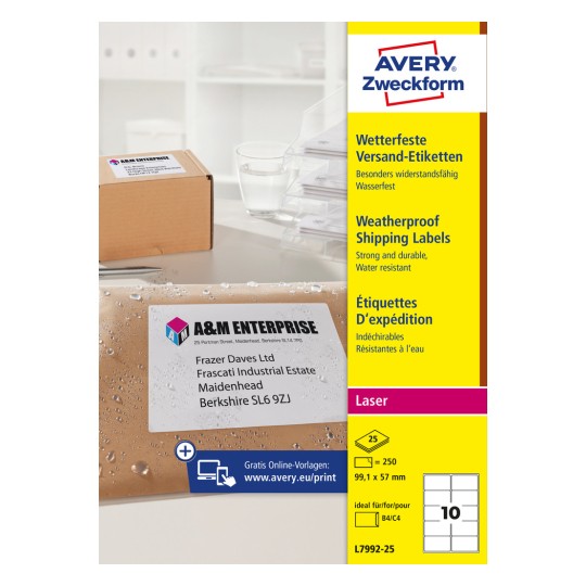 Förpackningsbild: Avery Zweckform Väderbeständiga Fraktetiketter, Artikel: L7992-25, Format: 99,1 x 57 mm, Utskriftslämplighet: Laser s/v, Färglaser, Innehåll: 250 etiketter / 25 ark, 10 etiketter/ark