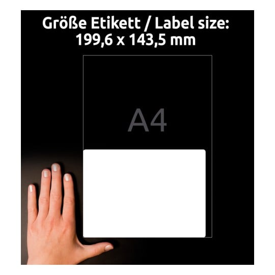 Storleksjämförelse med hand, artikel: L7996-25, ett ark fraktetiketter, format: 199,6 x 143,5 mm, färg: vit?