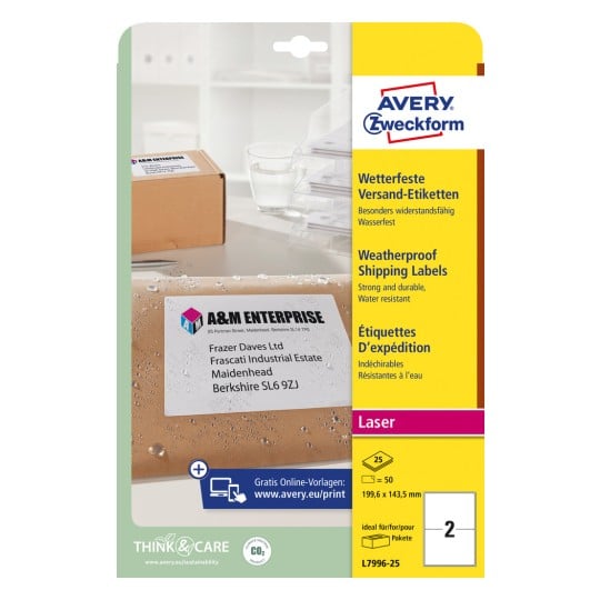 Förpackningsbild: Avery Zweckform Väderbeständiga fraktetiketter, Artikel: L7996-25, Format: 199,6 x 143,5 mm, Skrivarlämplighet: Laser s/v, färglaser, Innehåll: 50 etiketter / 25 ark, 2 etiketter/ark.