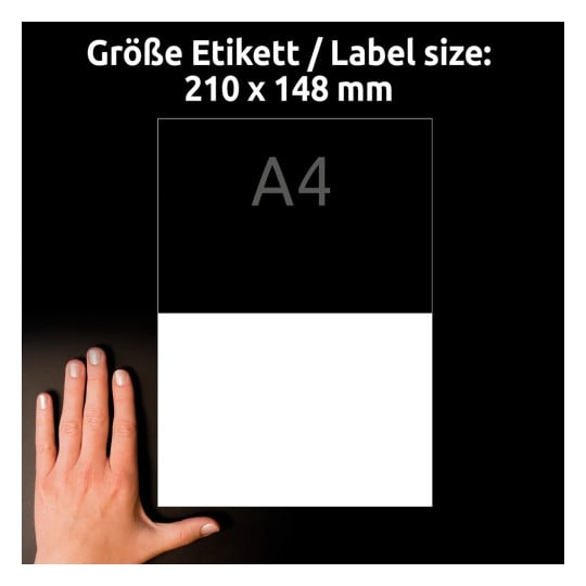 Storleksjämförelse med hand, Artikel: L9002-10, ett ark bakglasetiketter, Format: 210 x 148 mm, Färg: Vit?