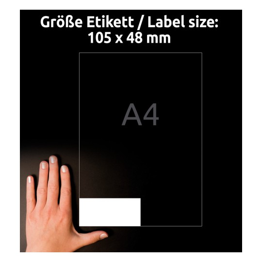 Storleksjämförelse med hand, Artikel: LR3424-10, ett ark återvinning etiketter, hemmakontor, småförpackning, format: 105 x 48 mm, färg: naturvit?