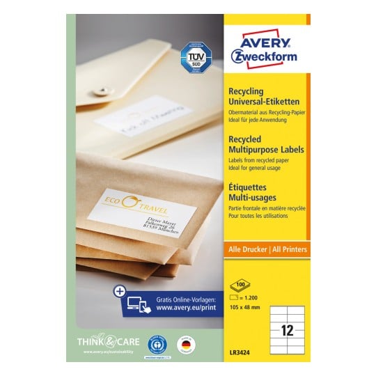 Förpackningsbild: Avery Zweckform Recycling Universaletiketter, Artikel: LR3424, Format: 105 x 48 mm, Skrivarcompatibilitet: Bläckstråle, svartvit laser, färglaser, Innehåll: 1.200 etiketter / 100 ark, 12 etiketter/ark.