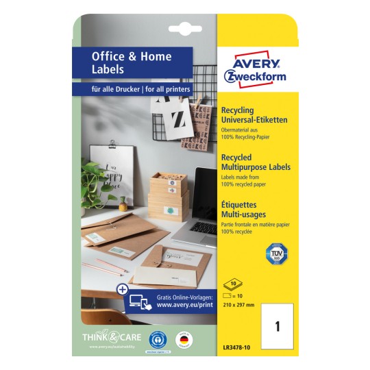 Förpackningsbild: Avery Zweckform Återvinningsbara Universaletiketter, Artikel: LR3478-10, Format: 210 x 297 mm, Utskriftskompatibilitet: Bläckstråle, Svart/vit laser, Färglaser, Innehåll: 10 etiketter / 10 ark, 1 etikett/ark.
