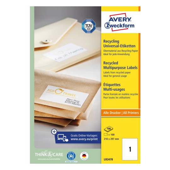 Förpackningsbild: Avery Zweckform återvinningsbara universaletiketter, Artikel: LR3478, Format: 210 x 297 mm, Utskriftsteknik: Bläckstråle, svartvit laser, färglaser, Innehåll: 100 etiketter / 100 ark, 1 etikett/ark.