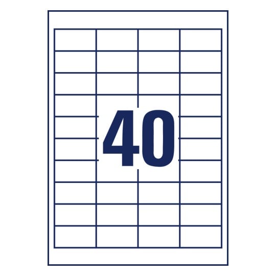 Stansritning för ett enskilt ark A4, Artikel: LR3657-10, återvinningsbara universaletiketter, Format: 48,5 x 25,4 mm, 40 etiketter/ark.