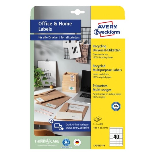 Förpackningsbild: Avery Zweckform Återvinningsbara Universaletiketter, Artikel: LR3657-10, Format: 48,5 x 25,4 mm, Skrivarval: Bläckstråle, Laser svart/vit, Färglaserskrivare, Innehåll: 400 etiketter / 10 ark, 40 etiketter/ark