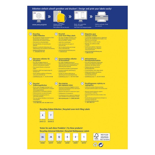 En informationsgrafik om återvinningsetiketter med instruktioner på olika språk om design och tryckning. Den inkluderar bilder på etiketter, specifikationer och kundtjänstkontakter för flera länder.