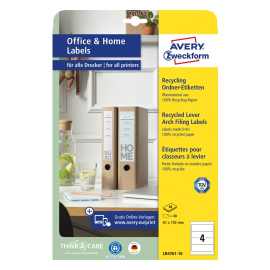 Förpackningsbild: Avery Zweckform återvinningsbara mappetiketter, Artikel: LR4761-10, Format: 61 x 192 mm, Skrivare: Bläckstråle, svart/vit laser, färglaser, Innehåll: 40 etiketter / 10 ark, 4 etiketter/ark.