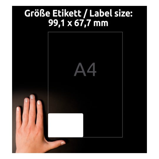 Storleksjämförelse med hand, Artikel: LR7165-100, ett ark återvinningsbara fraktetiketter, format: 99,1 x 67,7 mm, färg: naturvit.