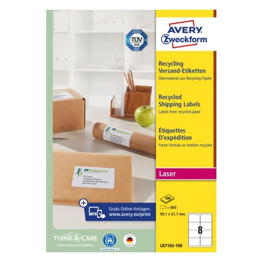 Förpackningsbild: Avery Zweckform återvinningsfraktetiketter, Artikel: LR7165-100, Format: 99,1 x 67,7 mm, Tryckkompatibilitet: Laser s/v, färglaser, Innehåll: 800 etiketter / 100 ark, 8 etiketter/ark.