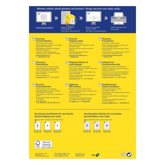 Bilden visar en flerspråkig guide för Avery återvunna etiketter, med steg för design, utskrift och tips för optimal användning, inklusive olika etikettformat och information på olika språk.