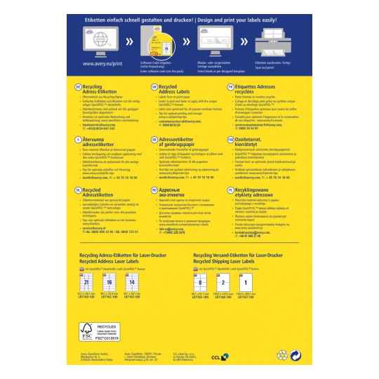 Bilden är en reklamflyer för återvunna adressetiketter och fraktetiketter från Avery, som beskriver deras funktioner och utskriftsanvisningar på flera språk.
