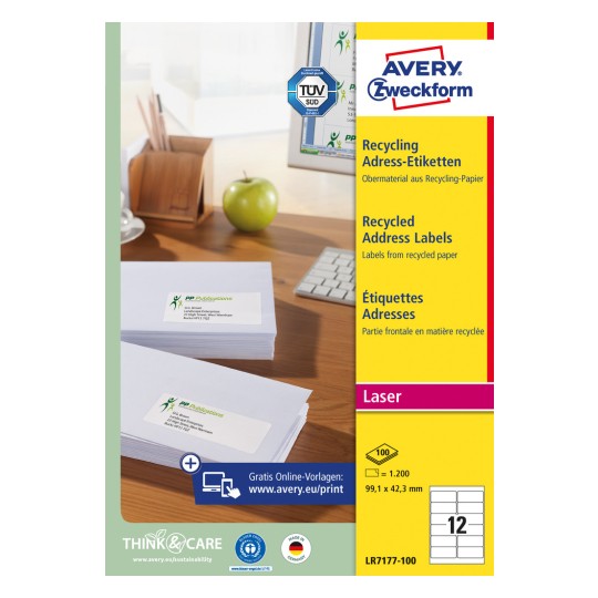 Förpackningsbild: Avery Zweckform Återvinnings Fraktetiketter, Artikel: LR7177-100, Format: 99,1 x 42,3 mm, Lämplig för utskrift: Laser svart/vitt, färglaser, Innehåll: 1 200 etiketter / 100 ark, 12 etiketter/ark