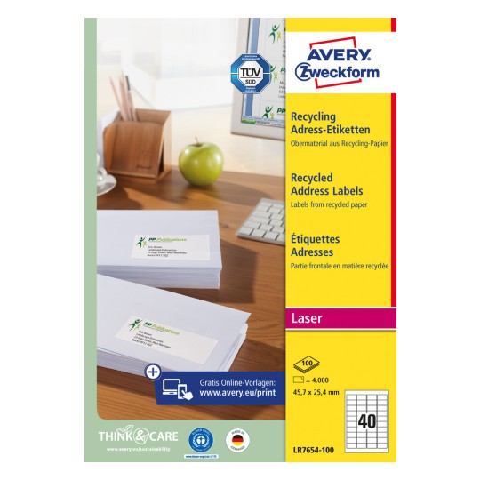 Förpackningsbild: Avery Zweckform återvinningsfraktetiketter, Artikel: LR7654-100, Format: 45,7 x 25,4 mm, Utskriftsegenskaper: Laser s/v, färglaser, Innehåll: 4.000 etiketter / 100 ark, 40 etiketter/ark