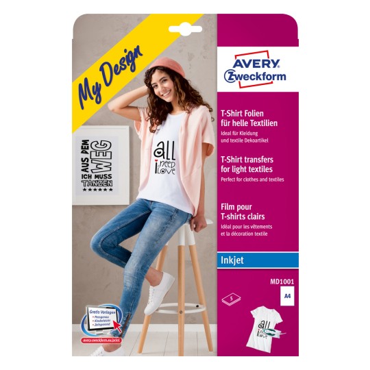 Förpackningsbild: Avery Zweckform textilöverföringsfolie för ljusa textilier, artikel: MD1001, format: 210 x 297 mm, skrivarinstruktioner: bläckstråleskrivare, innehåll: 5 ark.
