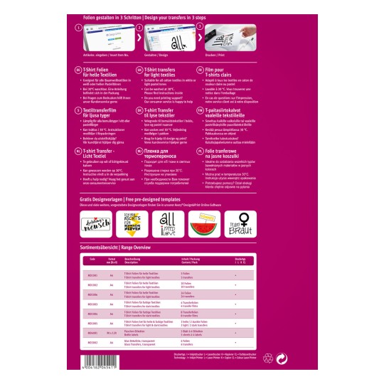 Bilden visar en färgglad informationsgrafik om att designa T-shirt-transfer. Den inkluderar instruktioner på flera språk om hur man använder transferfolie för textilier, tillsammans med en översikt över produktspecifikationer, format, kvantiteter och trycktyper. Det finns även exempel på design som visas längst ner.