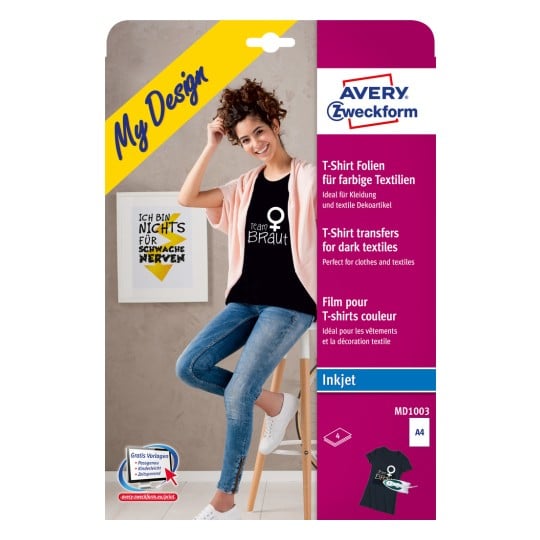 Förpackningsbild: Avery Zweckform Textilöverföringsfolie för mörka textilier, Artikel: MD1003, Format: 210 x 297 mm, Utskriftskompatibilitet: Inkjet, Innehåll: 4 ark, /ark?