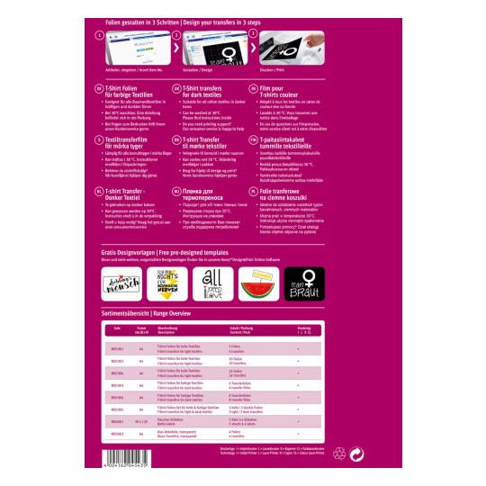 Bilden är en guide för att designa T-shirt tryck på olika språk, där den beskriver stegen och typerna av material som är lämpliga att använda. Den inkluderar en lista över produkter med beskrivningar och förpackningsdetaljer.
