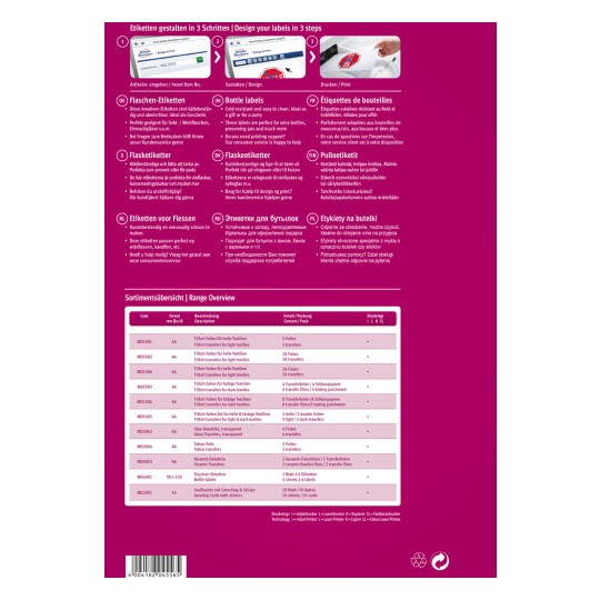 Bilden visar etikettutformning och utskriftsalternativ, inklusive olika typer av etiketter för flaskor och textilier, med instruktioner på flera språk. Den listar produktkoder, format, beskrivningar, innehåll och förpackningsdetaljer. Layouten är färgglad och organiserad för att ge en tydlig översikt över de tillgängliga produkterna.