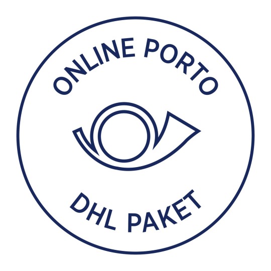 Bilden visar en cirkulär logotyp eller stämpel som har texten 'ONLINE PORTO' upptill och 'DHL PAKET' nedtill, med en ögonliknande grafik i mitten.