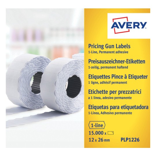 Förpackningsbild: Avery Zweckform etiketter, artikel: PLP1226, format: 26 x 12 mm, innehåll: 15.000 etiketter / 10 rullar, 1.500 etiketter/rulle