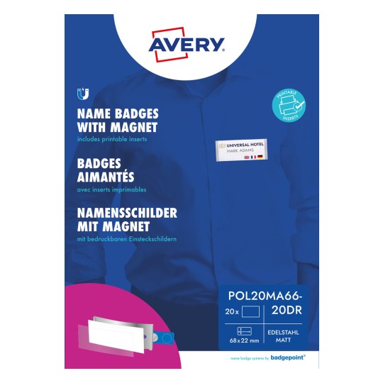 Förpackningsbild: Avery Zweckform, Artikel: POL20MA66-20DR, Format: 68 x 22 mm, Utskriftskompatibilitet: Färglaserskrivare, svartvit laserskrivare, bläckstråleskrivare, Innehåll: 20 skyltar / 120 insticksskyltar / 5 ark, /ark?