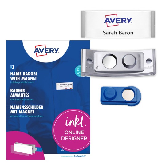 Förpackningsbild med etikettsark: Avery Zweckform, Artikel: POL20MA66-20DR, Magnetiska namnskyltar, Format: 68 x 22 mm, Skrivarutrustning: Färglaserskrivare, svartvit laserskrivare, bläckstråleskrivare, Innehåll: 20 skyltar / 120 insticksskyltar / 5 ark, 24 kort/ark.