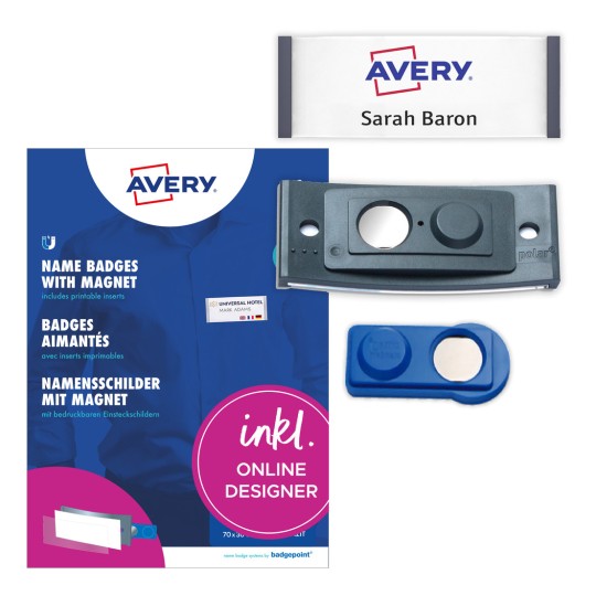Förpackningsbild med etikettark: Avery Zweckform, Artikel: POL30MA02-20DR, Magnetiska namnskyltar, Format: 70 x 30 mm, Utskriftslämplighet: Färglaserskrivare, Svartvit laser, Inkjet, Innehåll: 20 skyltar / 90 insticksskyltar / 5 ark, 18 kort/ark?
