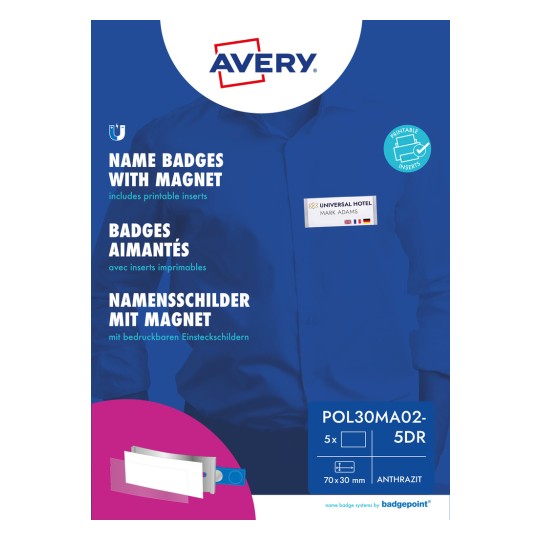 Förpackningsbild: Avery Zweckform, Artikel: POL30MA02-5DR, Format: 70 x 30 mm, Skrivarutrustning: Färglaserskrivare, Svartvit laserskrivare, Bläckstråleskrivare, Innehåll: 5 skyltar / 18 insättningsskyltar / 1 ark
