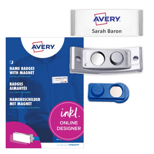 Förpackningsavbildning med etikettark: Avery Zweckform, Artikel: POL30MA66-20DR, Magnetiska namnskyltar, Format: 70 x 30 mm, Lämplighet för utskrift: Färglaser, Laser svart/vit, Bläckstråle, Innehåll: 20 skyltar / 90 insticksskyltar / 5 ark, 18 kort/ark.