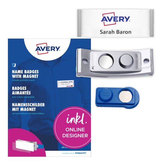 Förpackningsbild med etikettark: Avery Zweckform, Artikel: POL30MA66-5DR, Magnetiska namnskyltar, Format: 70 x 30 mm, Lämplighet för utskrift: Färglaser, Laser s/v, Bläckstråleskrivare, Innehåll: 5 skyltar / 18 inläggsskyltar / 1 ark, 18 kort/ark?