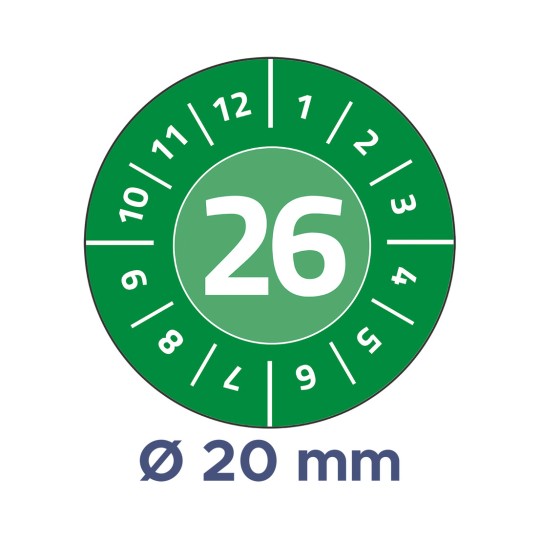 Bilden visar en rund urtavla markerad med siffror från 1 till 12, med siffran 26 tydligt placerad i mitten. Under urtavlan finns en anteckning som anger en diameter på 20 mm, mot en grön bakgrund.