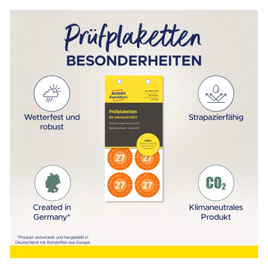 Bilden visar inspektionsetiketter för år 2027, med fokus på egenskaper som väderbeständighet, hållbarhet och klimatneutralitet. Den innehåller information om produkten som utvecklas och produceras i Tyskland.