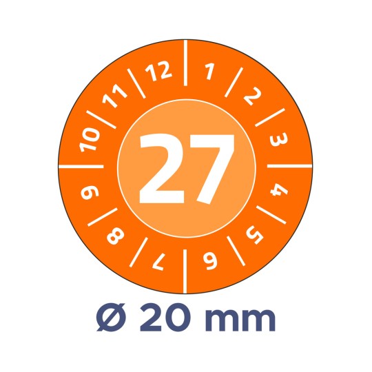 Bilden visar en cirkulär mätare som indikerar ett värde på 27 med omgivande siffror från 1 till 12 och 6 till 10 samt en diameter på 20 mm nedanför.