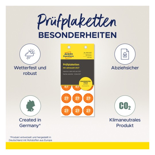 Bilden visar inspektionsetiketter designade för år 2027, som uppvisar egenskaper som väderbeständighet, lätt att dra av, tillverkade i Tyskland och klimatneutrala.