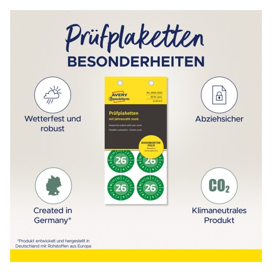 Bilden visar en produktförpackning för inspektionsetiketter med egenskaper som vattentät, robust, manipuleringssäker, klimatsmart och tillverkad i Tyskland, avsedd för användning år 2026.