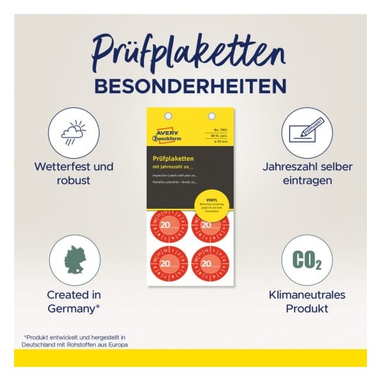 Bilden visar väderbeständiga inspektionsetiketter och framhäver funktioner som anpassningsbar årinmatning, tyskt ursprung och att vara en klimatneutral produkt. Designen är färgglad, med fokus på varumärket Avery.