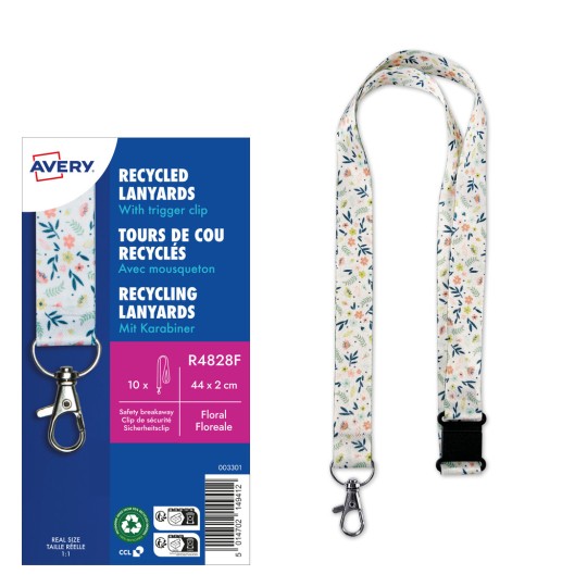En bild som visar återvunna nyckelband med en snabbkopplingskrok, med ett blomsterdesign. Förpackningen inkluderar detaljer om produkten, inklusive storlek och specifikationer.