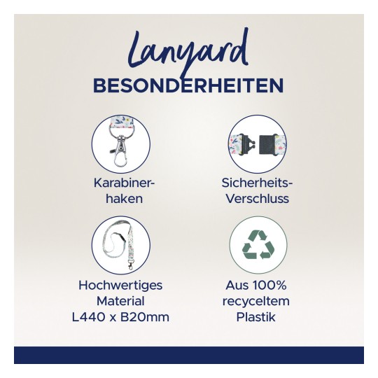 Bilden visar en grafik som förklarar egenskaperna hos en nyckelrem, inklusive en karbinhake, säkerhetslås, material av hög kvalitet och tillverkad av 100 % återvunnen plast.